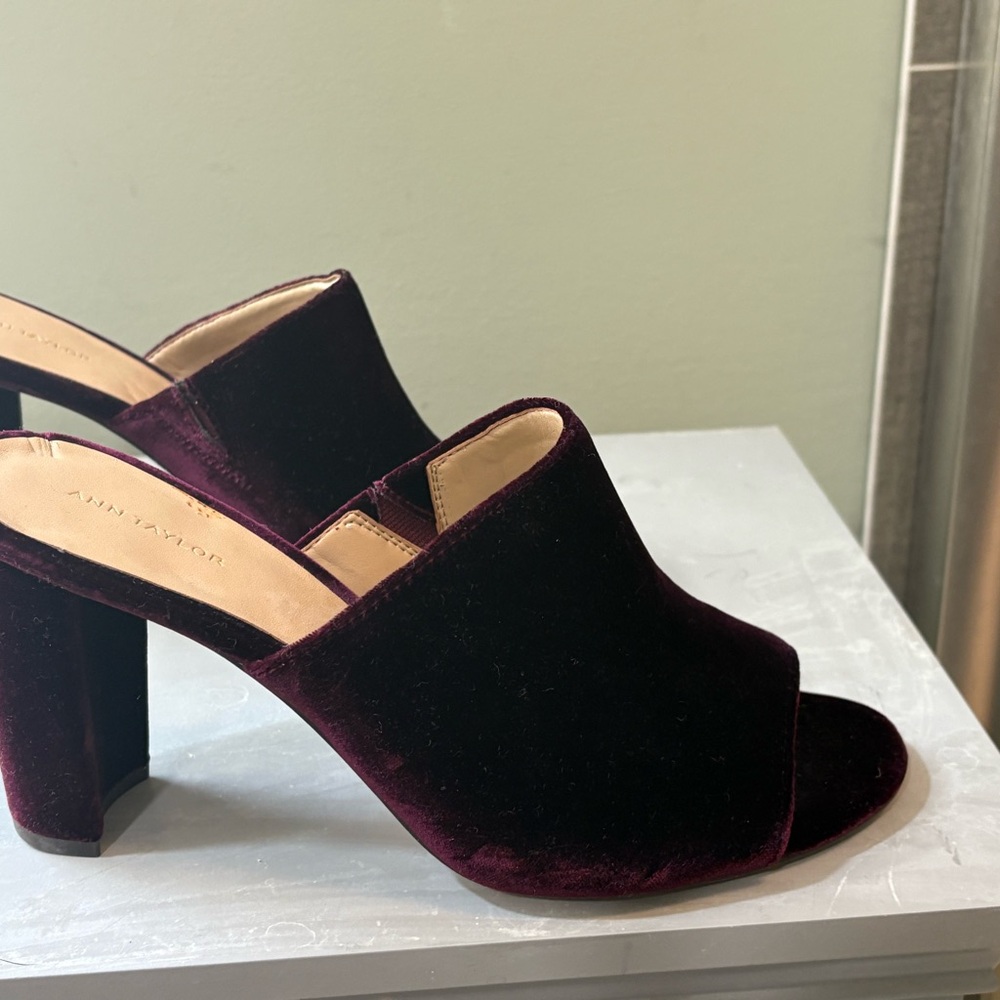 Ann Taylor Velvet Block Heel Mules - Burgundy